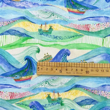 100% Хлопчатобумажная ткань Сине-зеленая Абстрактная Океанская волна с рисунком корабля Цифровая печать Швейный материал DIY Детская одежда/платье для девочек
