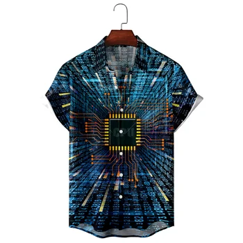 2023 Гавайская рубашка для мужчин с 3D принтом электронного чипа, блузка с коротким рукавом, повседневная пляжная рубашка, футболка Оверсайз, мужская одежда