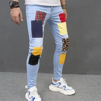 2023 Новые модные джинсы Мужские светло-голубые с нашивками Slim Fit Small Foot Jeans Хлопковый деним