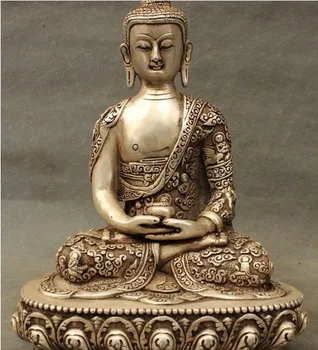 8-дюймовая Тибетская белая Медно-Серебряная Статуя Чаши Будды Шакьямуни Амитабхи Сит Шакьямуни