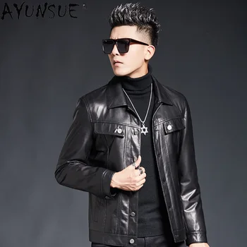 AYUNSUE 2023 Куртка из натуральной козьей кожи, мужское пальто из натуральной кожи, мотоциклетные кожаные куртки, модные короткие кожаные пальто с лацканами