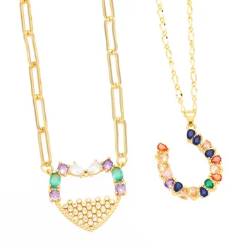 FLOLA Многоцветные хрустальные ожерелья в виде подковы для женщин, Медные позолоченные цепочки-скрепки, ожерелья в виде сердечек, Радужные украшения nkey93