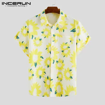 INCERUN 2023 Летняя Мужская гавайская рубашка с цветочным принтом, уличная одежда, Свободная повседневная блузка с лацканами, короткий рукав, камиза для отдыха, большие размеры