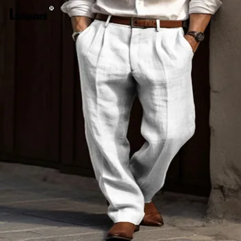 Ladiguard 2023 Мужские повседневные льняные брюки со стоячим карманом, однотонные прямые брюки цвета хаки, большие размеры, мужские элегантные модные спортивные брюки