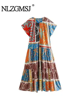 Nlzgmsj TRAF 2023, Богемное пляжное длинное женское платье с круглым вырезом, весенне-осеннее платье в стиле бохо, хиппи, Шикарное платье миди, женское платье Vestidos