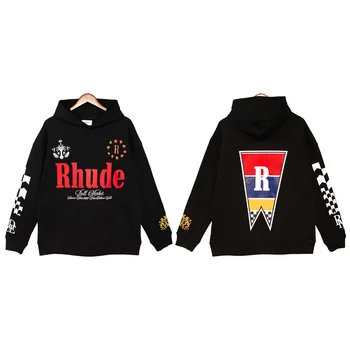 RHUDE Новая Винтажная толстовка с буквенным принтом и логотипом, Мужская Женская пара, Модный хлопковый повседневный Свободный пуловер в стиле хип-хоп с капюшоном Оверсайз