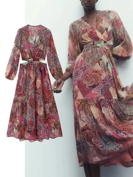 TRAF 2023 Женское платье Миди с принтом и вырезами, Модные плиссированные платья в стиле бохо для женщин, элегантные облегающие платья с длинным рукавом
