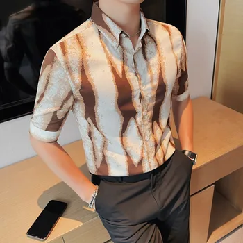 Брендовая одежда, мужские летние повседневные рубашки с принтом / Мужские облегающие модные деловые рубашки для офиса / Мужские рубашки с коротким рукавом