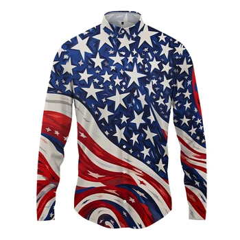 Весенне-осенняя мужская рубашка с длинными рукавами, элемент американского флага, рубашка с 3D-печатью, повседневная свободная рубашка, уличная удобная рубашка