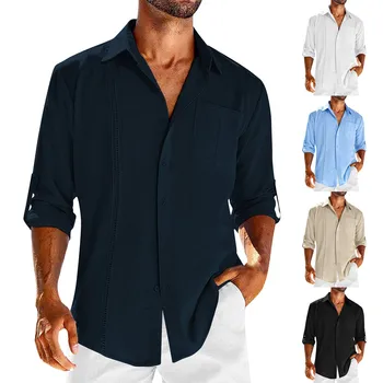 Винтажная рубашка для мужчин; повседневные хлопковые льняные однотонные рубашки с длинными рукавами; Свободные рубашки; Винтажная одежда; кардиган; прямая поставка