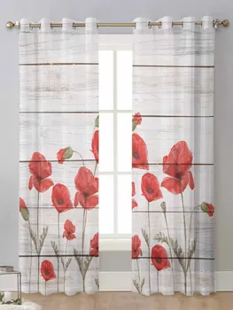 Деревянная доска с цветком Красного мака, Прозрачные шторы для окна гостиной, Прозрачная вуаль, тюлевая занавеска, шторы Cortinas для домашнего декора