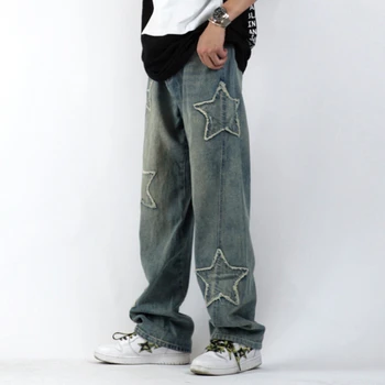Джинсы Y2k с вышитой пентаграммой в стиле хип-хоп для мужчин и женщин, свободные прямые брюки-трубочки свободного кроя для мужской одежды, джинсы
