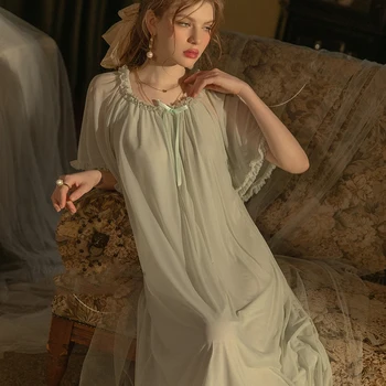 Женская длинная ночная рубашка в сетку, ночная рубашка принцессы в дворцовом стиле, пижамы, Весенне-летний халат с коротким рукавом, домашний халат