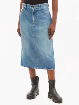 Женская классическая джинсовая юбка с высокой талией, прямой разрез сзади, Тонкие женские винтажные выстиранные синие юбки средней длины