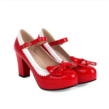 Женская кожаная обувь для девочек, туфли-лодочки в стиле Лолиты Мэри Джейнс, Платформа, Высокие каблуки, Милые женские вечерние свадебные туфли, Большие размеры 32-43