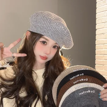 Женская осенне-зимняя теплая кепка-берет в корейском ретро стиле, универсальная Акриловая вязаная шапка с буквенной надписью, простая однотонная шляпа художника