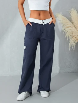 Женские повседневные брюки-карго, Y2k, лоскутные брюки с прямыми штанинами и множеством карманов, брюки, женская уличная одежда, клубная одежда