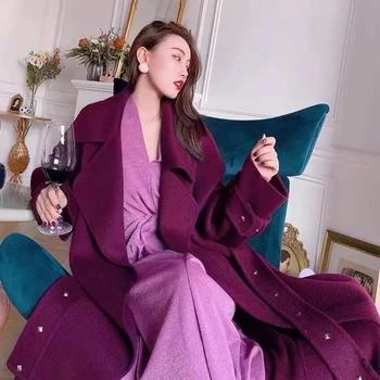 Зимнее пальто, женское Корейское фиолетовое Негабаритное свободное Длинное двустороннее кашемировое пальто из 100% шерсти, женское роскошное модное длинное пальто 2023