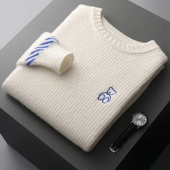 Зимний новый свитер из 100% чистой шерсти, мужской пуловер с вышивкой и подкладкой, рубашка большого размера, повседневная теплая кашемировая трикотажная нижняя рубашка
