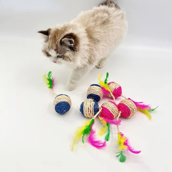 Игрушка для кошек, обучающий мячик для когтеточки из сизаля, интерактивная игрушка для котенка, принадлежности для домашних кошек, Забавная игрушка из перьев, аксессуары для кошек