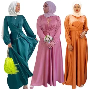 Ид Мусульманские Женщины Атласное платье Дубай Абая Вечерние Элегантные Платья Рамадан Турецкий Кафтан Исламская Аравия Женский Джилбаб Ближний Восток