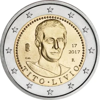 Итальянский историк Тито Ливэй умер в 2017 году. Оригинал памятной монеты двух евро и двух цветов.
