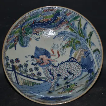 Китайский бело-голубой фарфор Doucai Kirin Phoenix Design, бокал-тарелка 8,9 