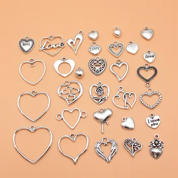 коллекция амулетов-сердечек из 30 штук старинного серебряного цвета для изготовления ювелирных изделий своими руками, 30 стилей, по 1 в каждом
