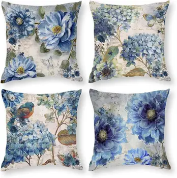 Короткая плюшевая наволочка с цветочным рисунком, синяя Декоративная наволочка, Цветочная ферма, наволочка для украшения домашнего дивана