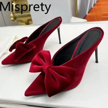 Красные Сексуальные женские вельветовые тапочки с острым носком, милые украшения в виде бабочек и узлов, дизайнерские вечерние туфли на высоком каблуке для подиума для женщин