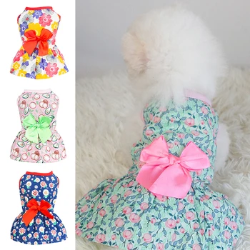 Летнее платье для собак с цветочным принтом, платье для маленьких собак с бантом, юбка для маленьких собак, свадебные платья для собак, одежда для йорков, платье для домашних животных
