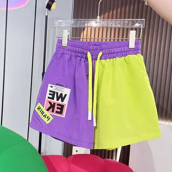 Летние Новые контрастные спортивные шорты в стиле пэчворк Со шнуровкой на эластичной талии, свободные универсальные широкие брюки, повседневная модная женская одежда