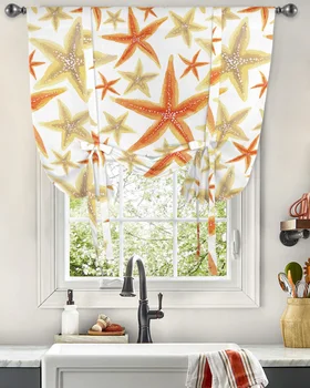Летние шторы с морскими звездами на окнах, подвязные шторы для кухни, гостиной, Регулируемые шторы с карманами на штанге