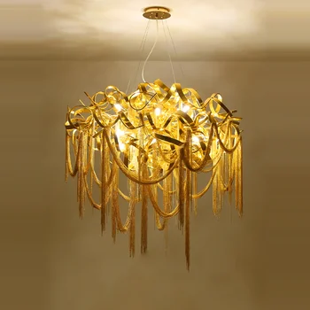 Люстры светодиодные постмодернистские алюминиевые цепи Золотые Хромированные подвесные светильники Подвесной светильник для фойе Роскошный стиль