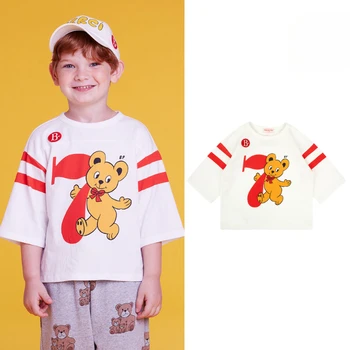 Магазин Bebe (В наличии) 베베베베 Весенняя детская бежевая футболка с круглым вырезом и 8-точечным рукавом 2022 г.