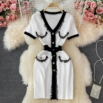 Модное Жаккардовое летнее платье для подиума 2021 года, элегантные женские винтажные черно-белые платья в клетку, женское трикотажное платье