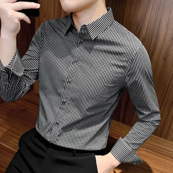 Модные Деловые рубашки с отворотом и пуговицами в виде решетки, мужская одежда 2023, осенние Новые повседневные топы оверсайз, Свободная Корейская рубашка