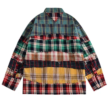 Модные уличные заплатанные рубашки в стиле оверсайз в стиле хип-хоп, лоскутная рубашка свободного кроя, топы в клетку в стиле хип-хоп Harajuku Y2K