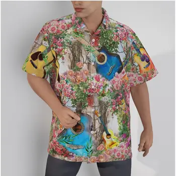 Мужская гавайская рубашка с гитарным принтом, креативный пляжный короткий рукав, летние повседневные топы в стиле пэчворк на пуговицах, 3D рубашки