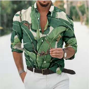 Мужская рубашка, графическая рубашка, воротник-стойка из перьев, Черный, белый, Черный / зеленый, желтый, Армейский зеленый, 3D принт, повседневный длинный рукав на открытом воздухе, 3