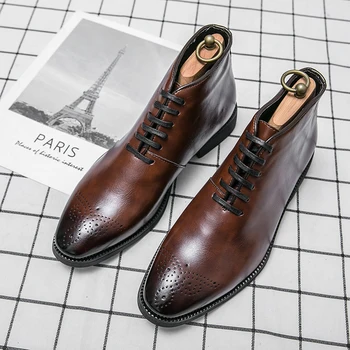 Мужские ботинки Brock Carving, модные коричневые ботинки в стиле панк для мужчин, повседневные кожаные ботильоны в уличном стиле, мужские короткие ботинки известного бренда с острым носком