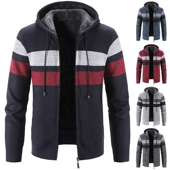 Мужской свитер, зимний флисовый вязаный кардиган, холодное пальто в полоску с капюшоном, модная свободная повседневная куртка 4XL