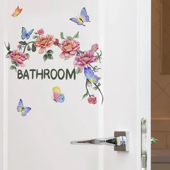 Наклейки на стену с красивым цветком-бабочкой большего размера, настенная роспись на двери в туалет, ванную комнату, домашний декор, самоклеящиеся обои для украшения.