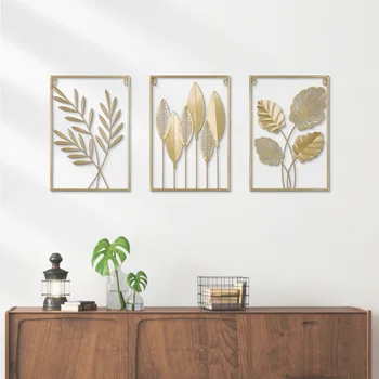 Настенные украшения из металлических листьев в скандинавском стиле, золотая железная Прямоугольная рамка, листья растения, фон для дивана, Украшение стен в домашней комнате