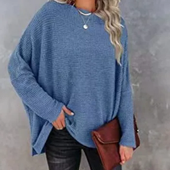 Новая осенне зимняя женская модная индивидуальная трикотажная футболка с круглым вырезом, вафельный однотонный пуловер, свитер, Элегантные топы