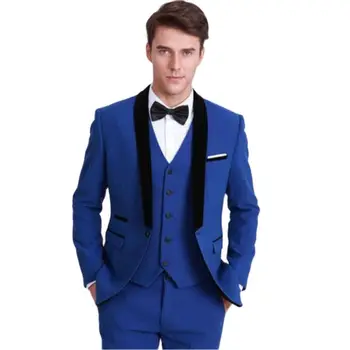 Новейший дизайн пальто, Королевский синий блейзер, брюки, мужские костюмы, 3 шт., куртка + брюки + жилет, мужская приталенная одежда для свадебного ужина, вечеринки