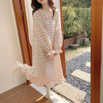 Ночная рубашка с вишневым принтом, пижамы, женское ночное платье с оборками в корейском стиле, цельная пижама, осенняя домашняя одежда с длинным рукавом, новинка в магазине
