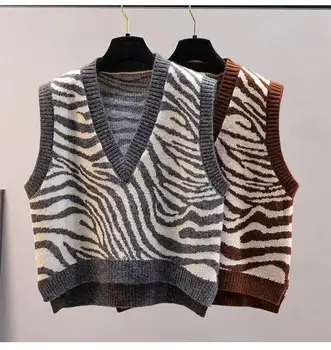 Осенний женский свитер-жилет 2023, повседневный вязаный пуловер без рукавов с V-образным вырезом, женский универсальный свободный джемпер с леопардовым принтом, топы U1290