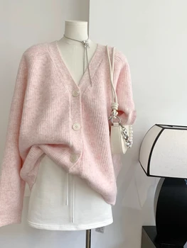 Осенний розовый мягкий вязаный кардиган для женщин, простой однобортный женский свитер с V-образным вырезом, пальто, повседневные трикотажные топы с длинным рукавом