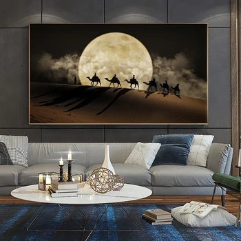 Пейзажная живопись на холсте, плакаты с изображением верблюда в пустыне, Лунная ночная сцена, настенная картина для домашнего декора гостиной